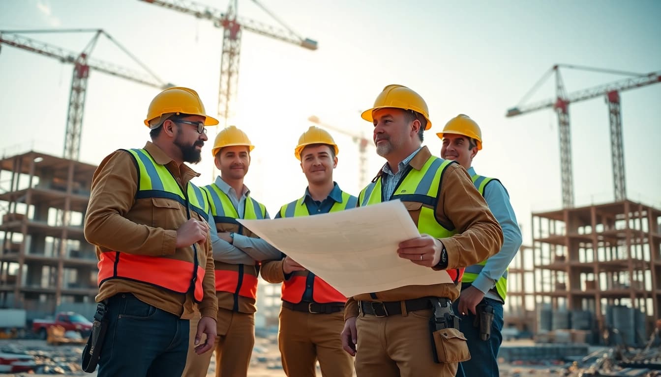 Construction career professionals working together on-site, demonstrating teamwork and dedication.