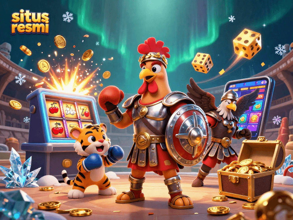 Experience situs resmi gaming excitement in a vibrant, detailed casino-themed illustration with characters and engaging game elements.