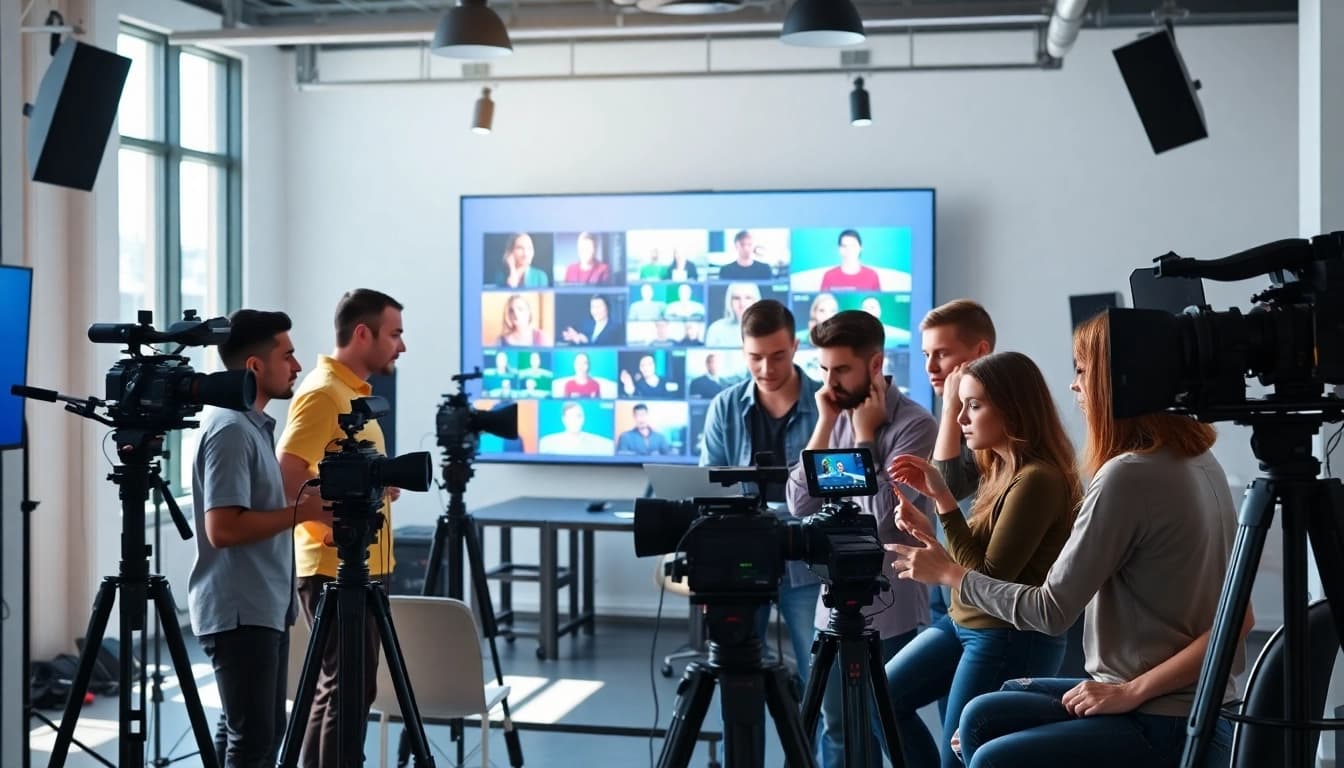 Creative Video Production Agency team collaborating in a vibrant studio atmosphere.