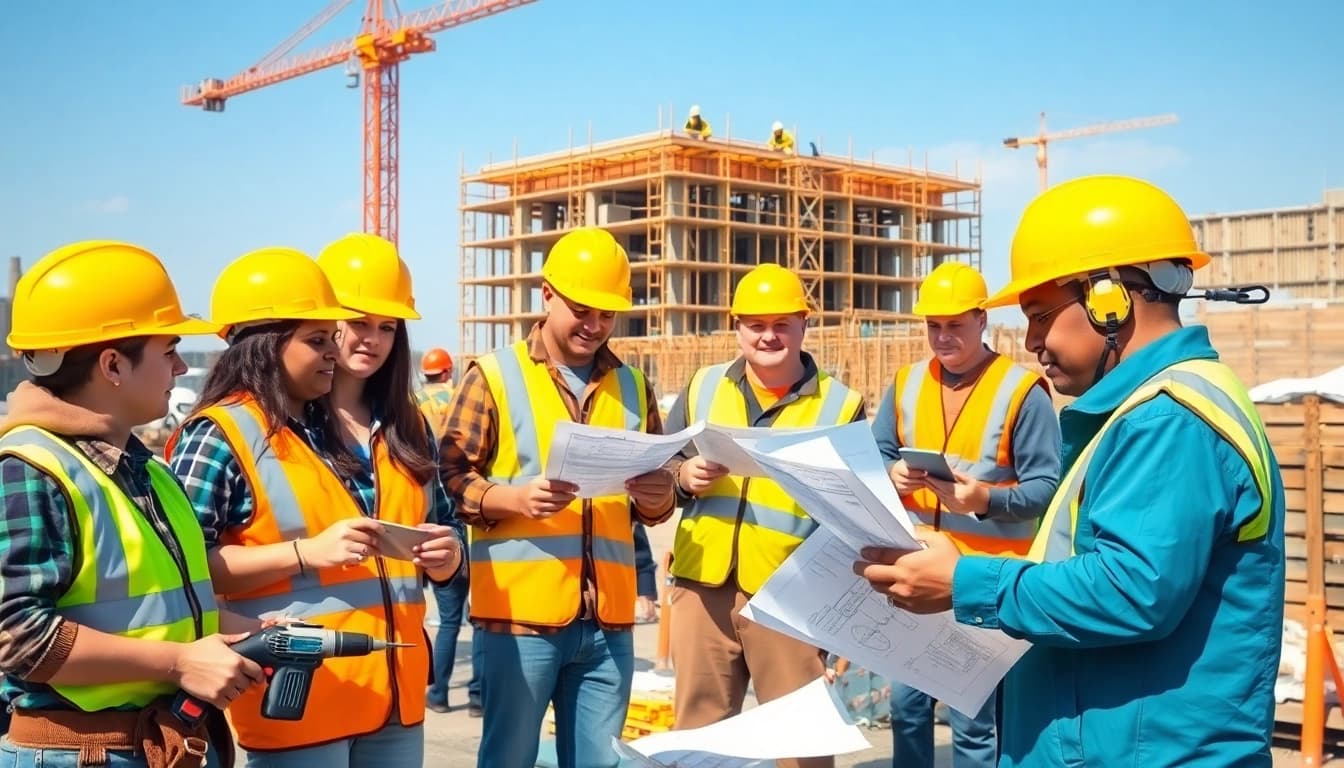 Engaged trainees in construction training programs collaborating on-site with tools and safety gear.