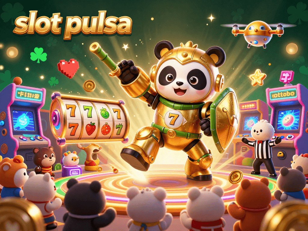 Menggairahkan pengalaman permainan slot pulsa di dunia kasino dengan panda emas dan mesin slot berputar.