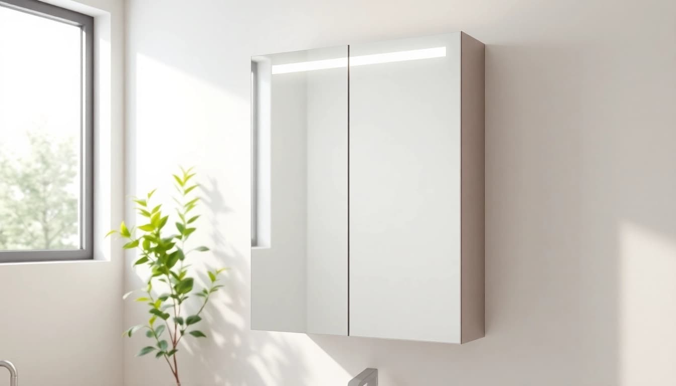 Showcasing a bathroom cabinet with mirror and light in a modern bathroom setup.