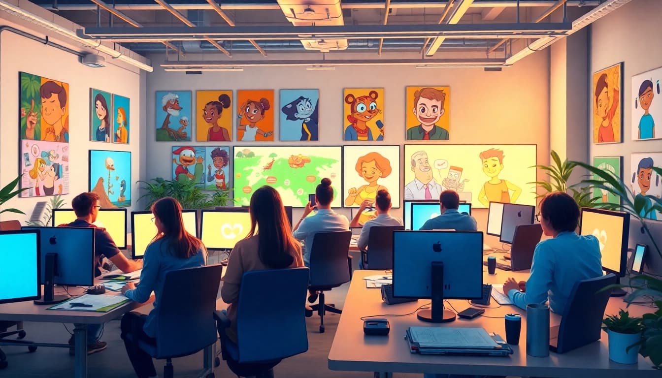 Animationsagentur: Team of animators collaborating in a vibrant workspace.