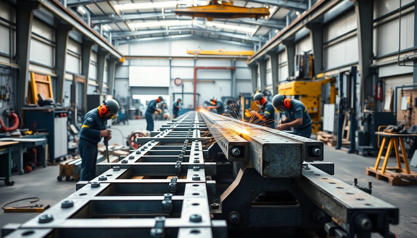 Crafting custom steel fabrication with skilled workers welding steel structures in a professional workshop.