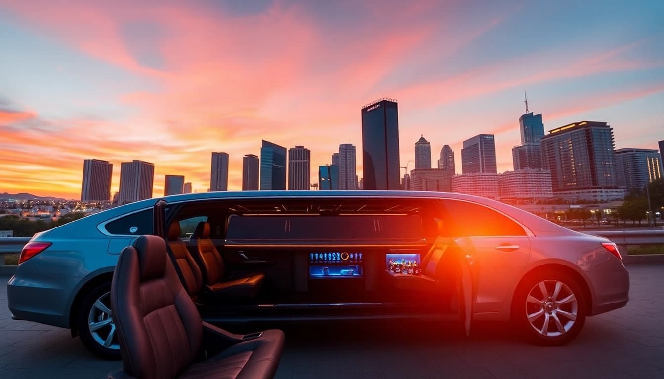World Cup Group Transportation featuring a luxury limo in LA with festive decor and a stunning skyline backdrop.