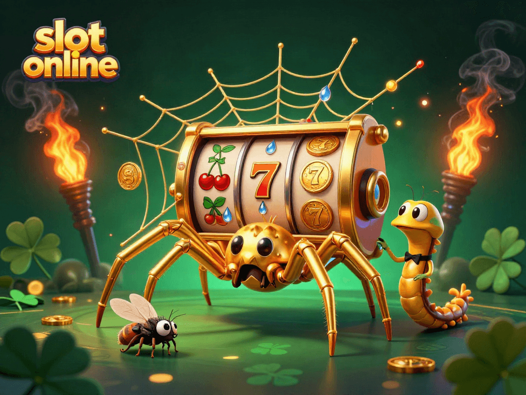 Engage with slot online excitement as a cartoon spider spins reels with vibrant symbols and a nervous fly betting.