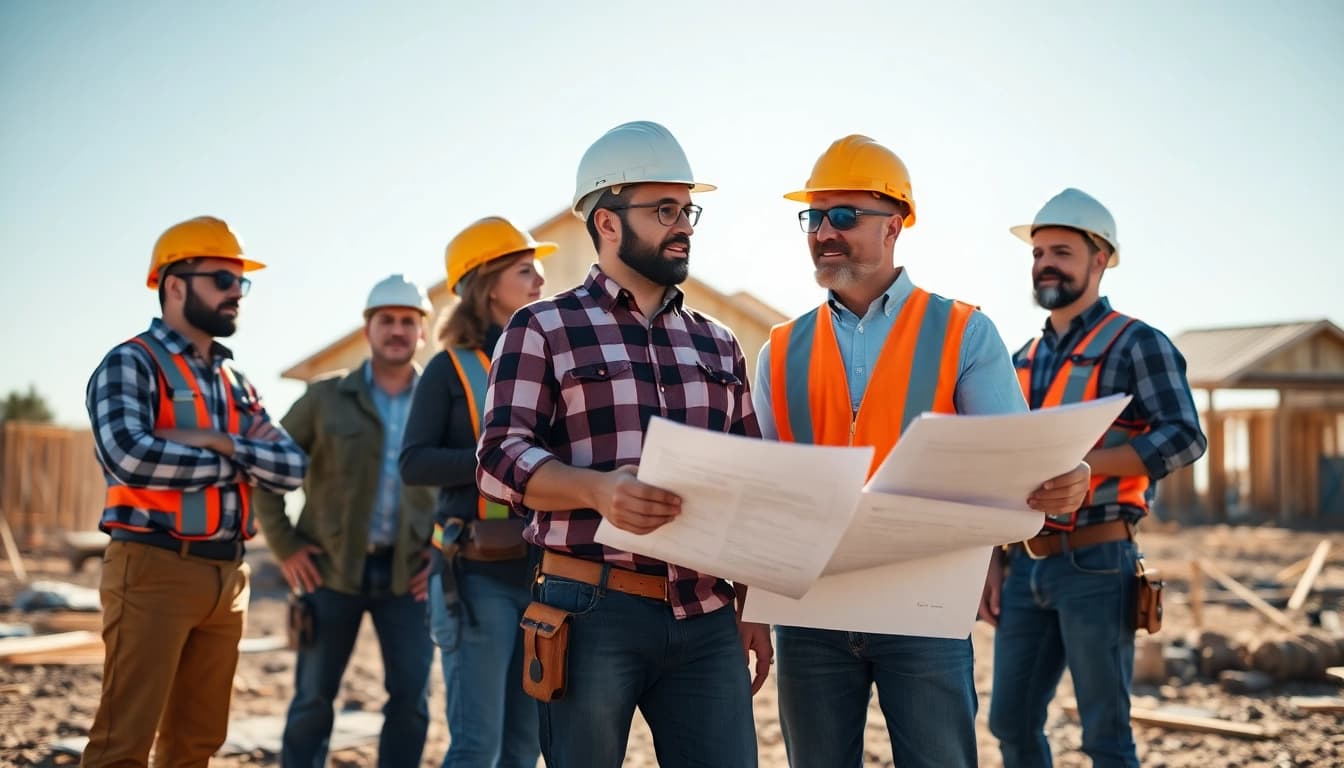 Collaborative team of builders represented by the Texas association of builders on a construction site.