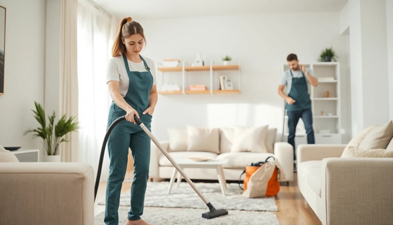 Cleaning Service professionals diligently cleaning a modern living room, showcasing their expertise.