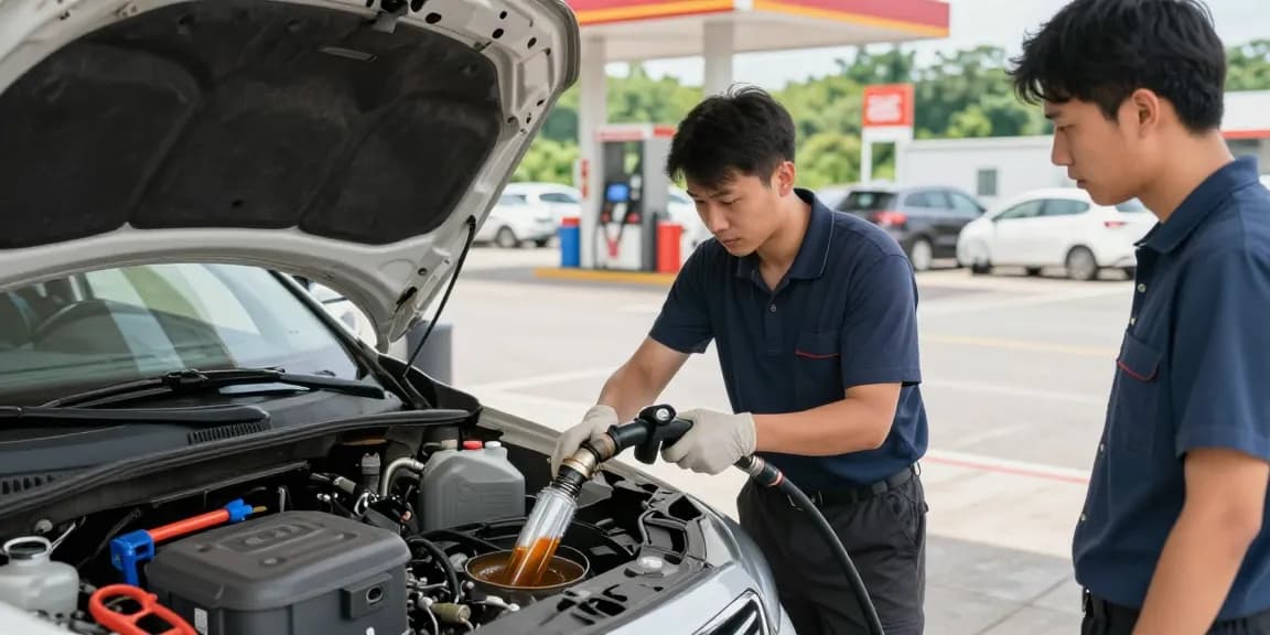 Technician performing fuel drainage for contamination in fuel tank at a busy fuel station.