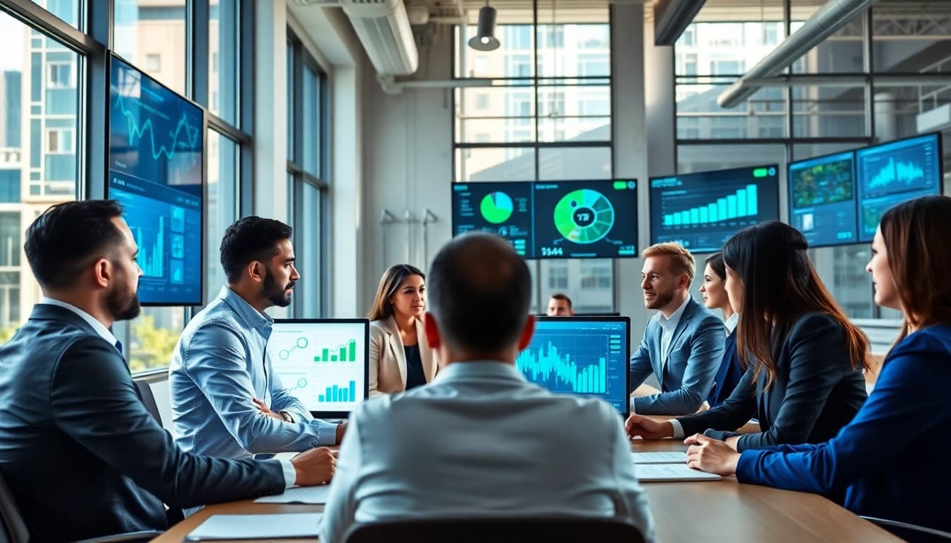 Engagement among professionals exploring competitive intelligence in a modern office setting.