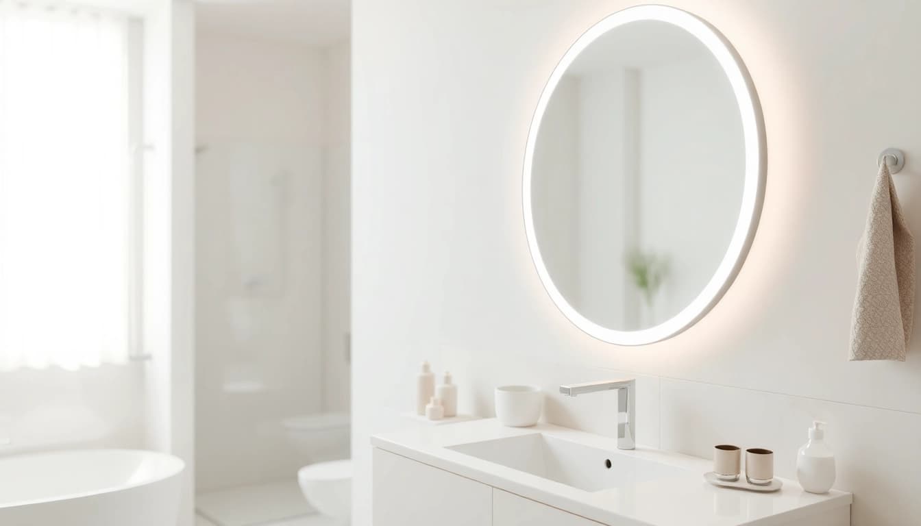 Elegant bathroom showcasing a modern mirror with Lights, enhancing the room's ambiance.