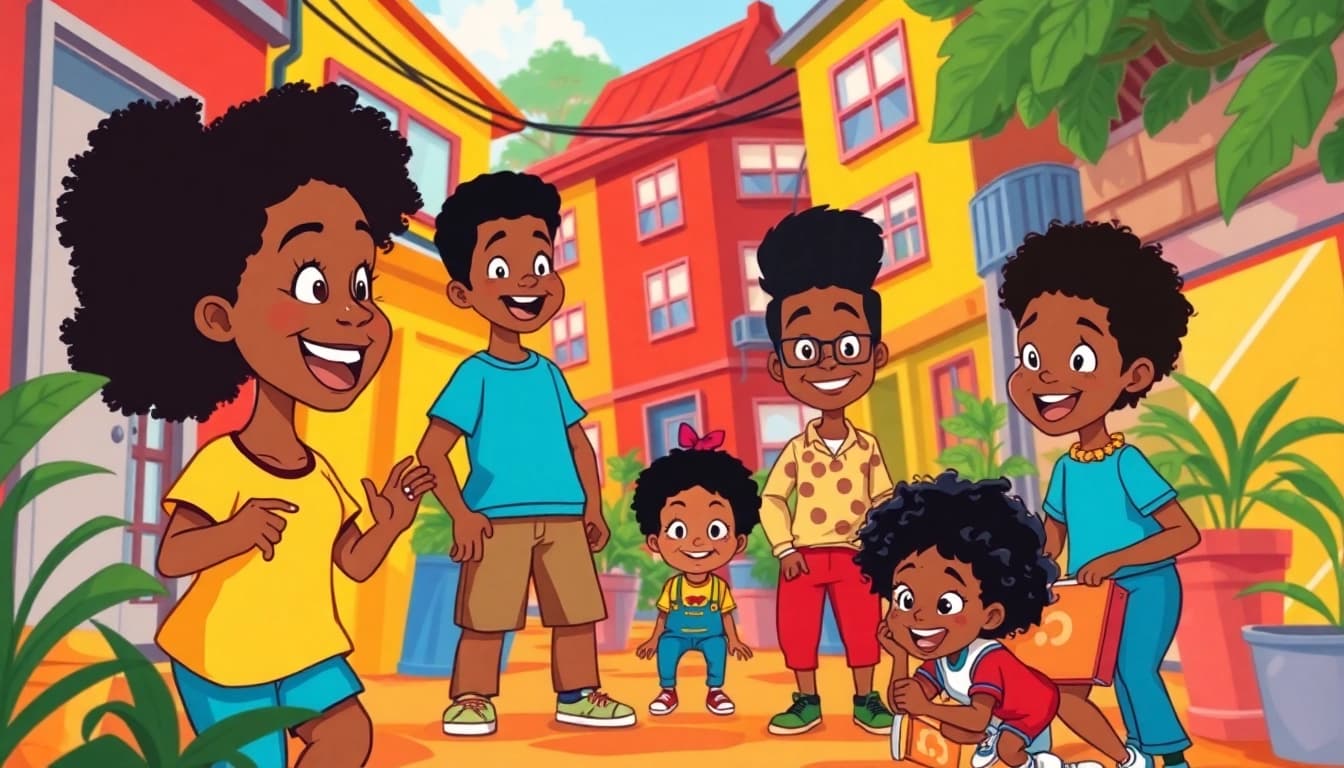 Joyful scene from African American cartoons depicting diverse characters in a vibrant urban setting.
