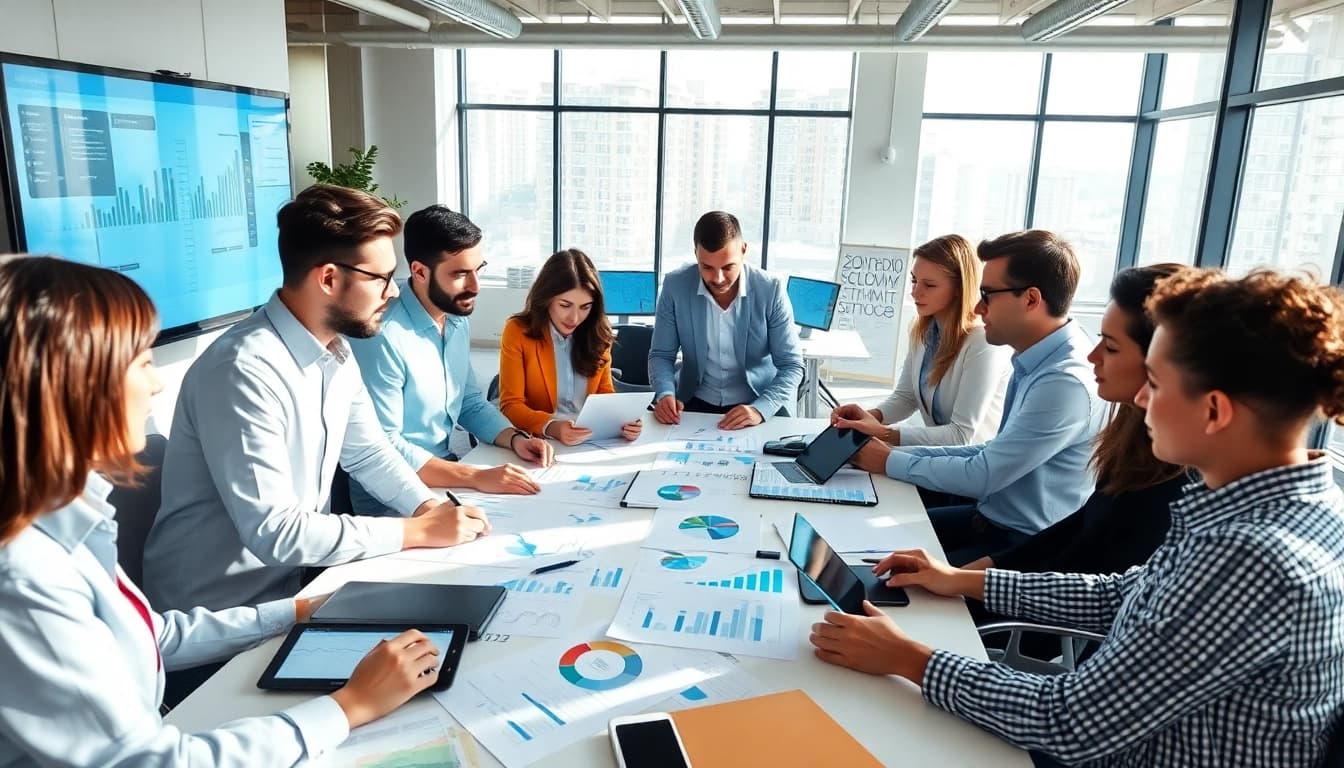 Visual representation of business growth insights featuring a collaborative team in a modern workspace.