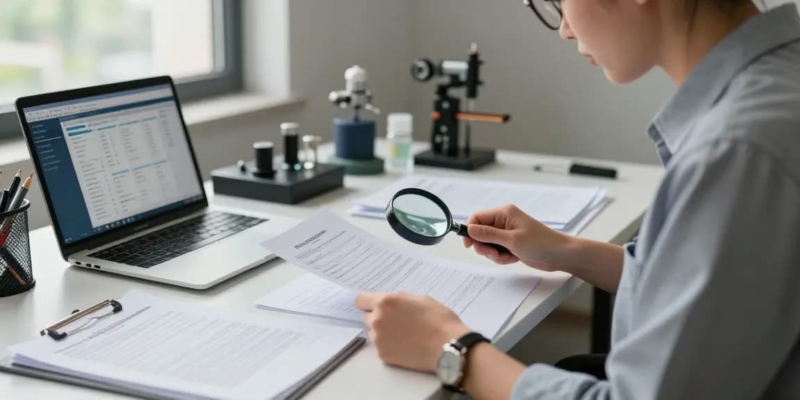 Analisa forensik oleh auditor di aafikotabekasi.org dengan alat modern dan dokumen di meja.
