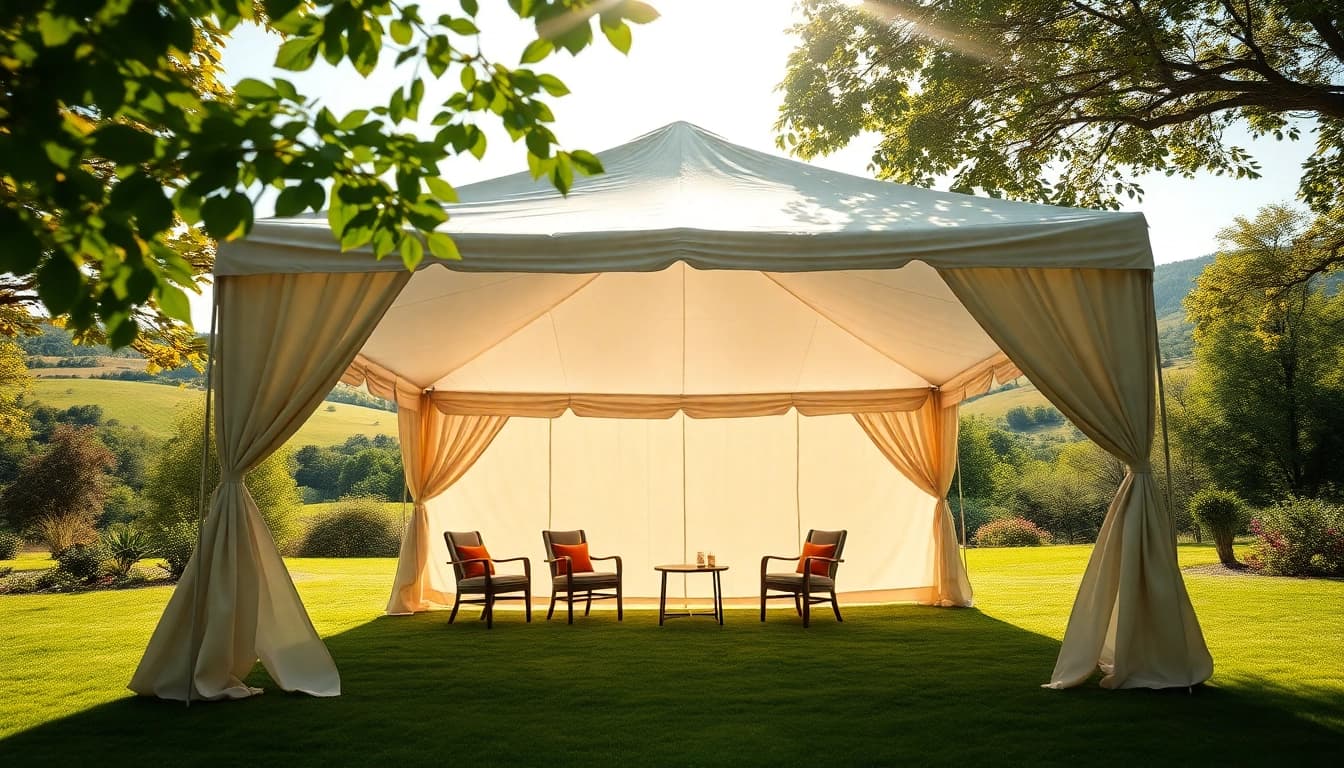 Relax and enjoy under the bright canopy tent amidst serene nature and green hills.