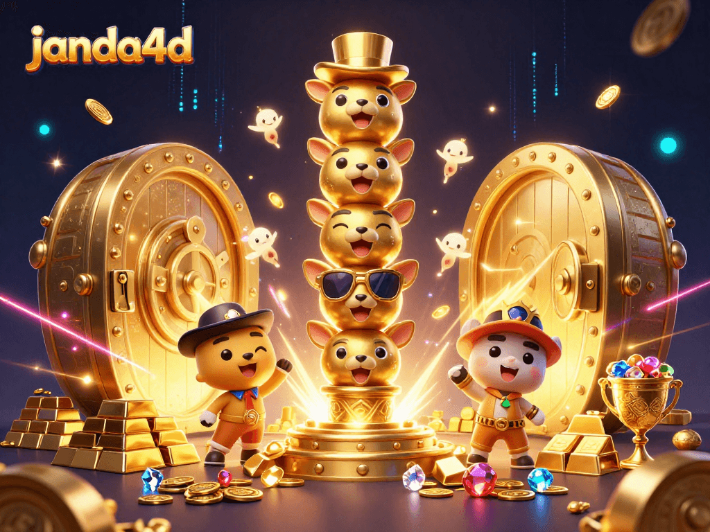 Menyoroti janda4d dengan totem emas bertema kasino dan harta berkilau dalam ilustrasi yang kaya.