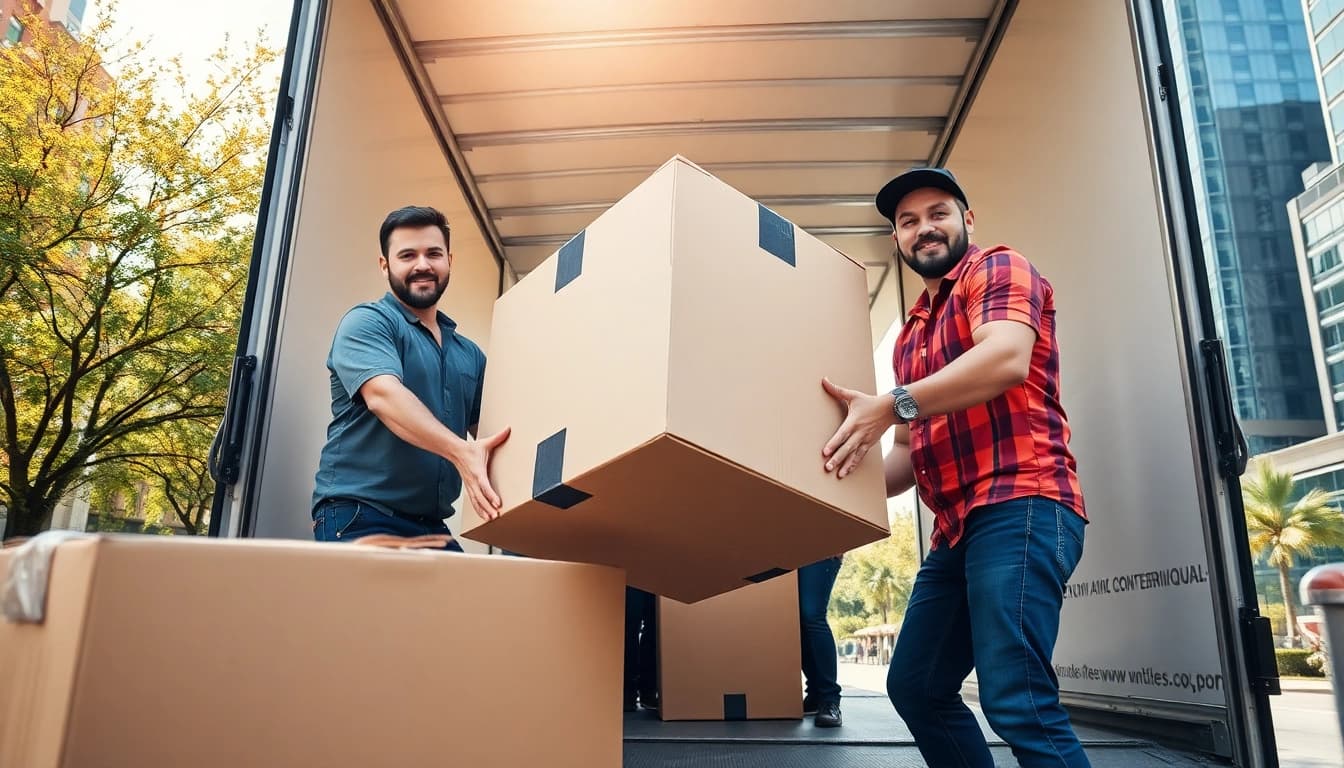 Movers demonstrating expert techniques in Worcester removals services amid a bustling city backdrop.