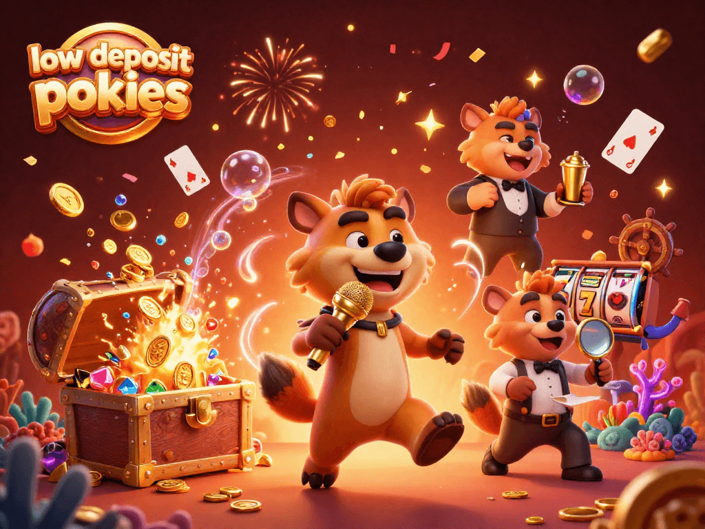 Engage with low deposit pokies in a vibrant casino scene featuring animated hyenas and shining rewards.