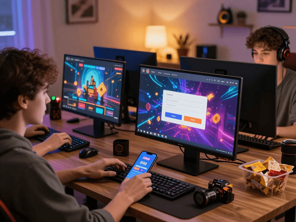 Experience the excitement of rokok88 login with users immersed in colorful online gaming atmosphere.