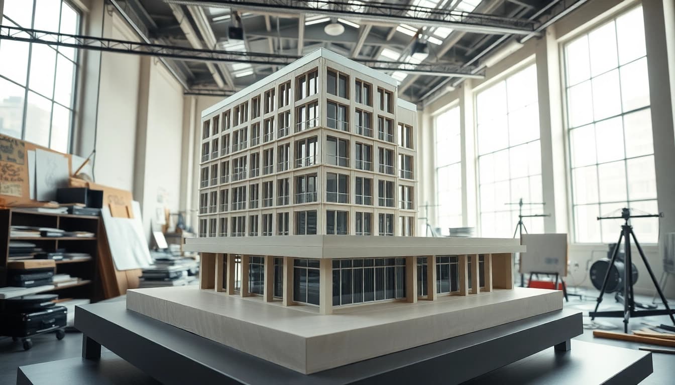 Architekturmodellbau Wuppertal zeigt intricate Modelle in einem kreativen Studio-Setting.
