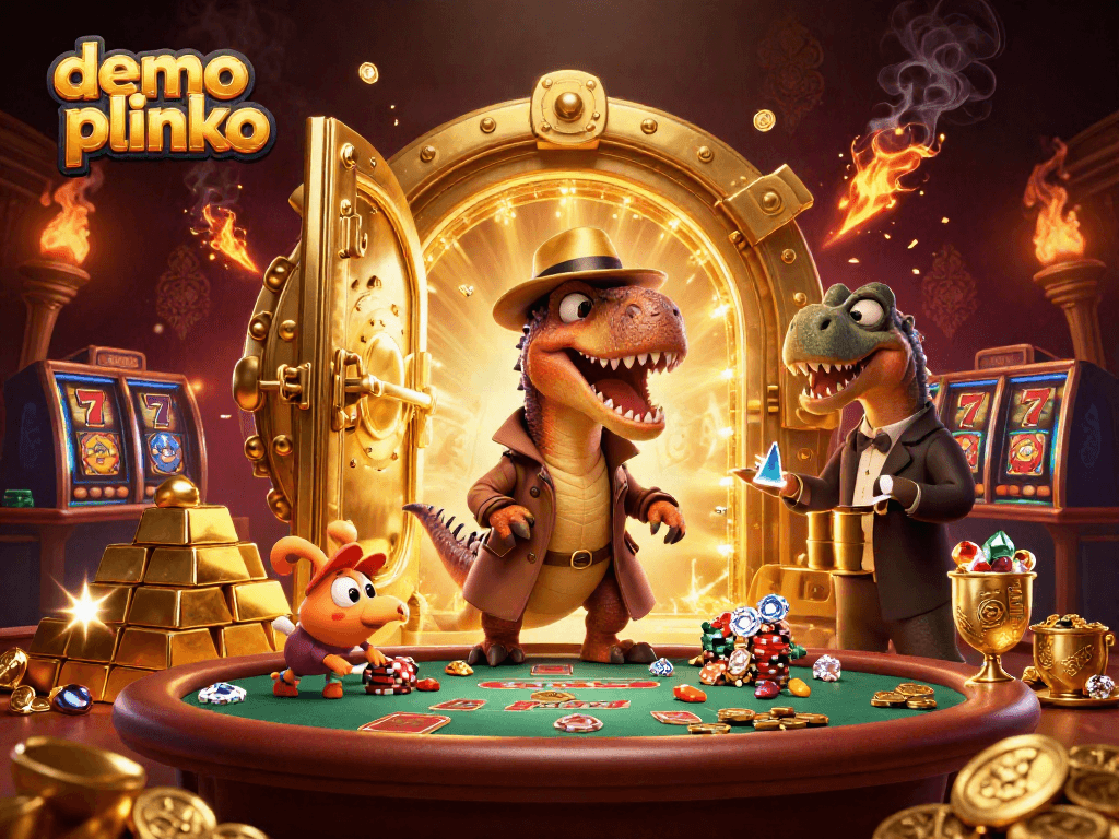 Experience demo plinko gameplay in a vibrant casino scene with animated dinosaurs.