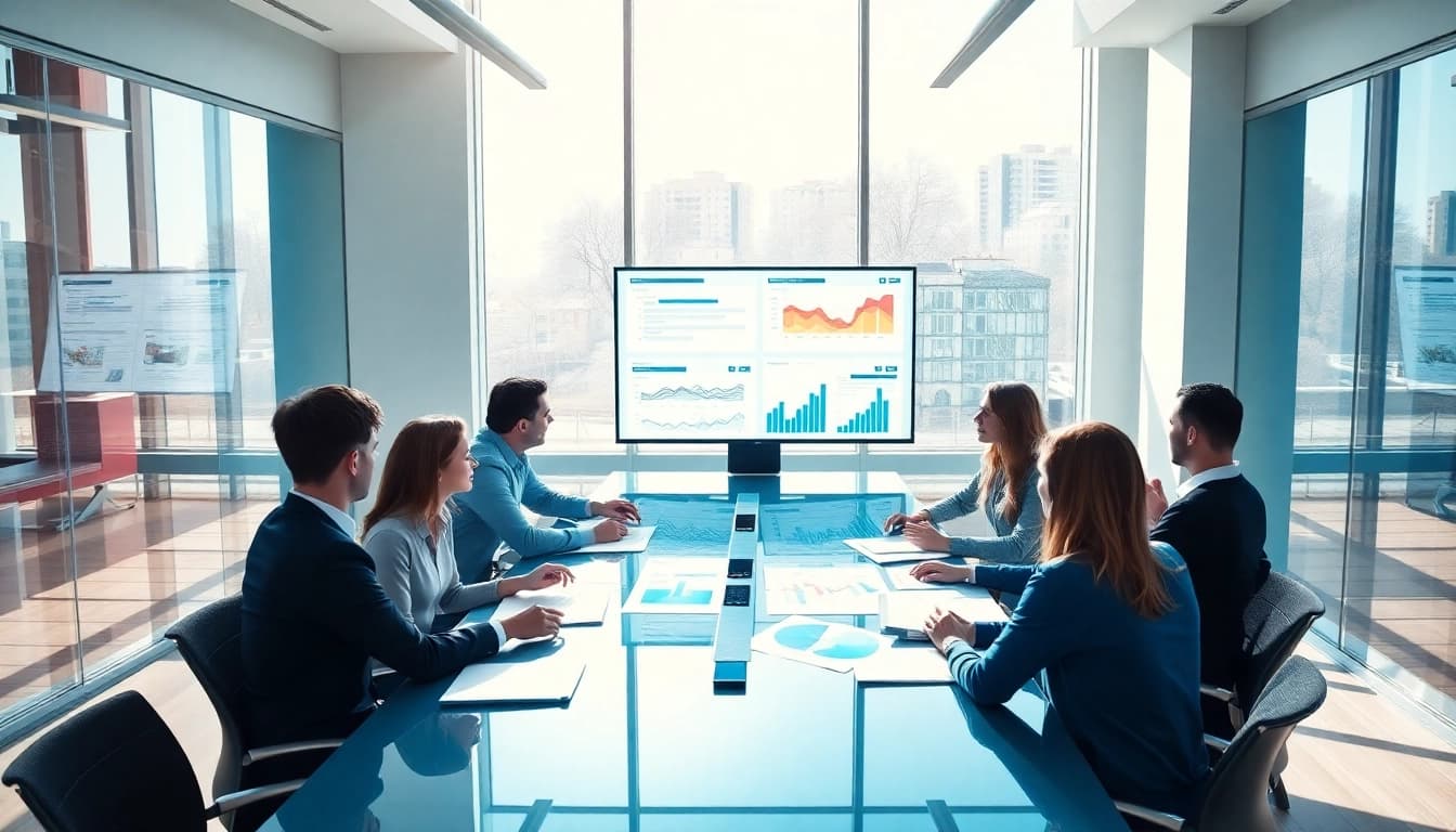 Team discussing Competitive intelligence strategies with charts and graphs.
