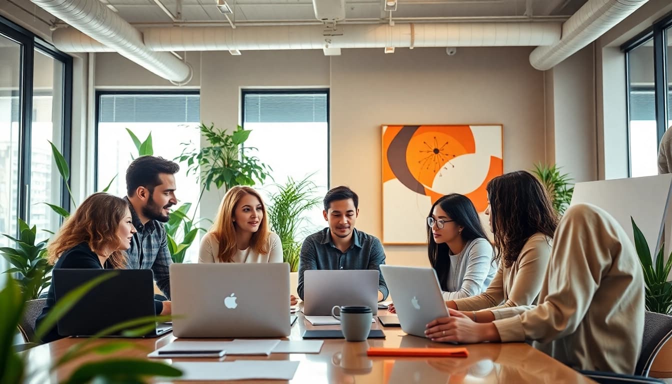 Collaborative team of a digital marketing company working in a vibrant office environment.