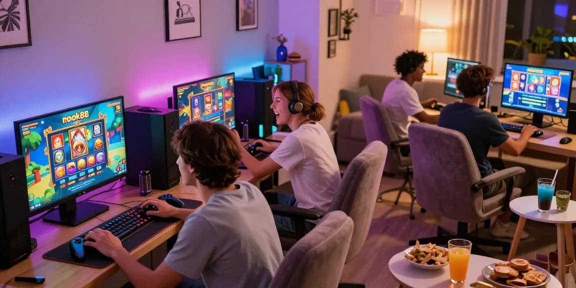 Engaging moment of friends enjoying the rokok88 slot game in a cozy living room.