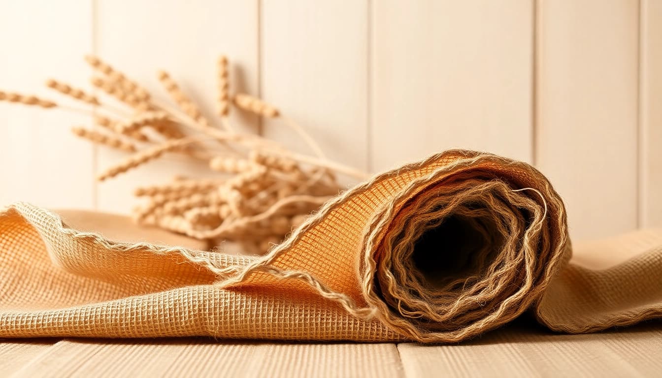 Jute stof in een heldere studio, met nadruk op de natuurlijke textuur en kleuren.