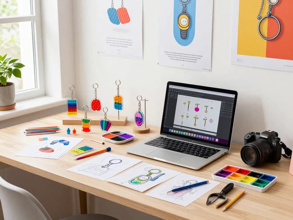 Custom acrylic keychain maker's creative workspace filled with colorful designs and tools for crafting unique keychains.