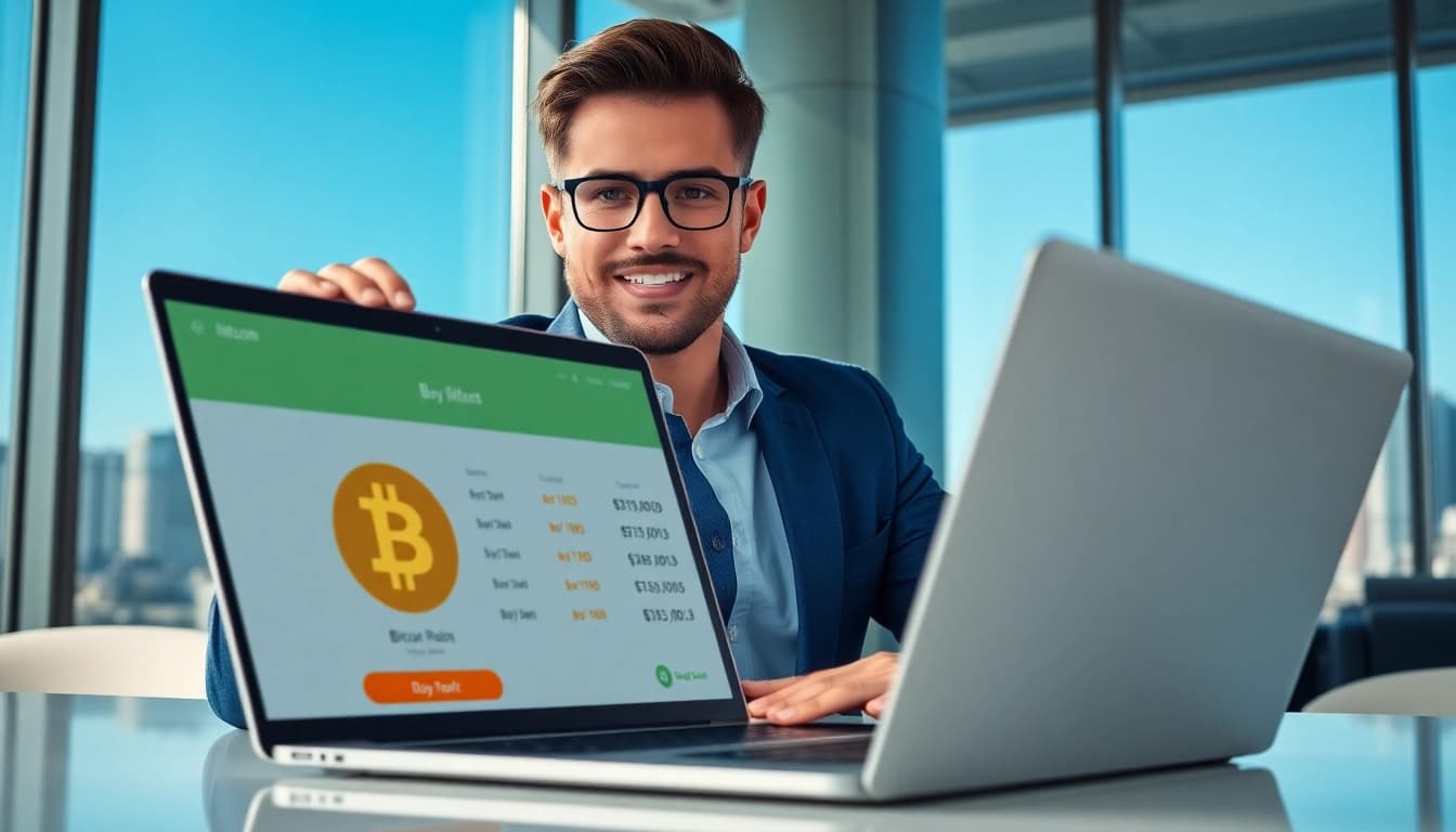 Acheter bitcoin dans un bureau moderne avec un écran de transaction numérique.