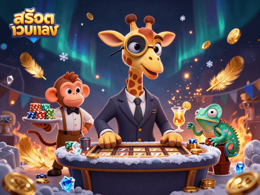 Spin the reels at สล็อตเว็บตรง with high-roller giraffe in a vibrant 3D casino scene full of excitement.
