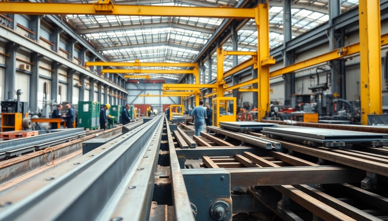 Engaged workers in a steel fabrication shop operating machinery with precision and craftsmanship.