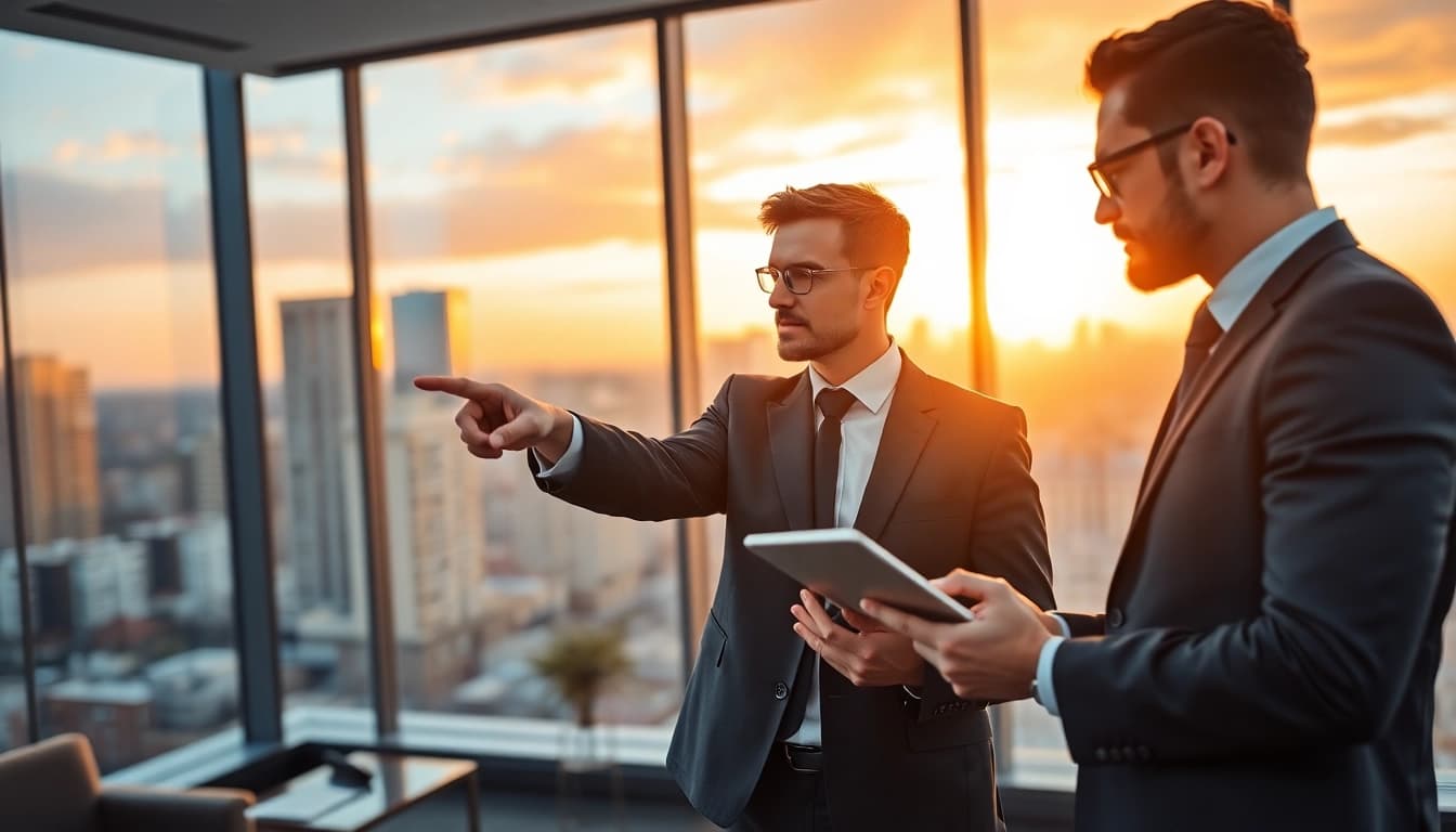 Real Estate agents collaborating on strategies in a modern office with a city skyline backdrop.