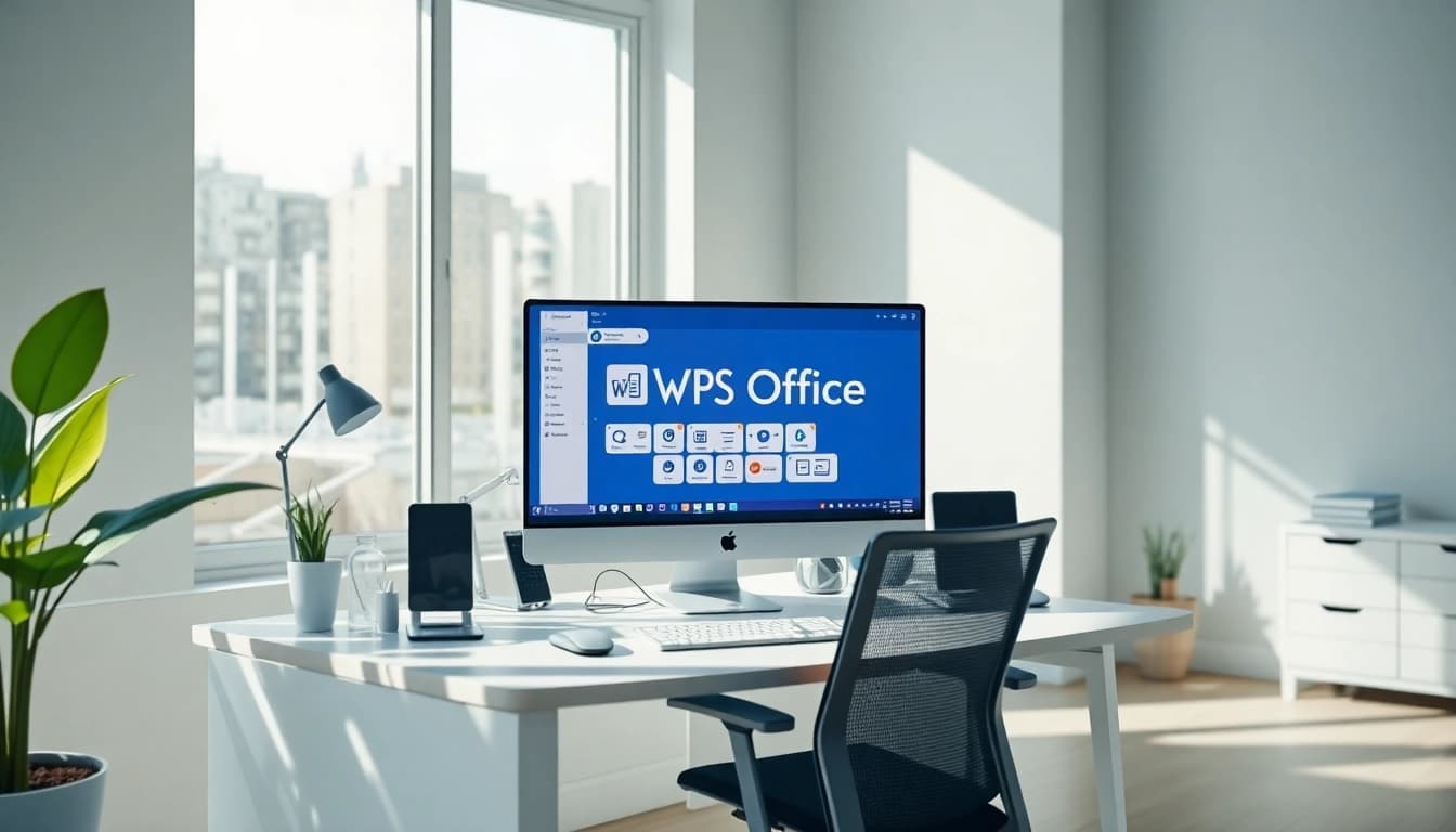 Modern office workspace showcasing WPS下载 software on a sleek computer setup.
