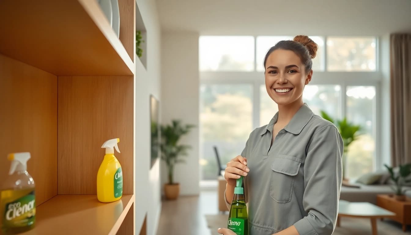 Cleaning Service professional illustrating a tidy home environment with eco-friendly products.