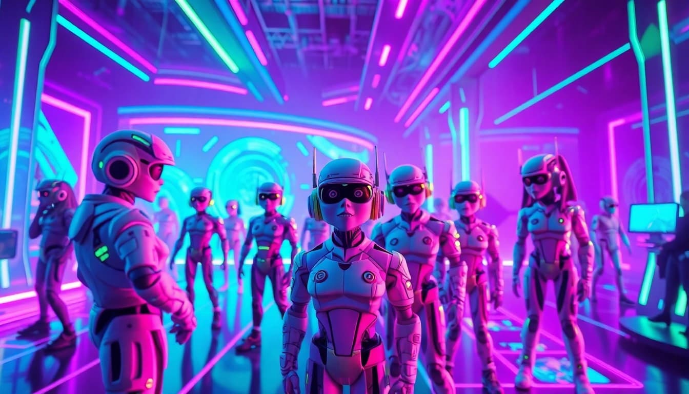 Dynamic scene showcasing vibrant NSFW character AI interactions in a futuristic digital world.