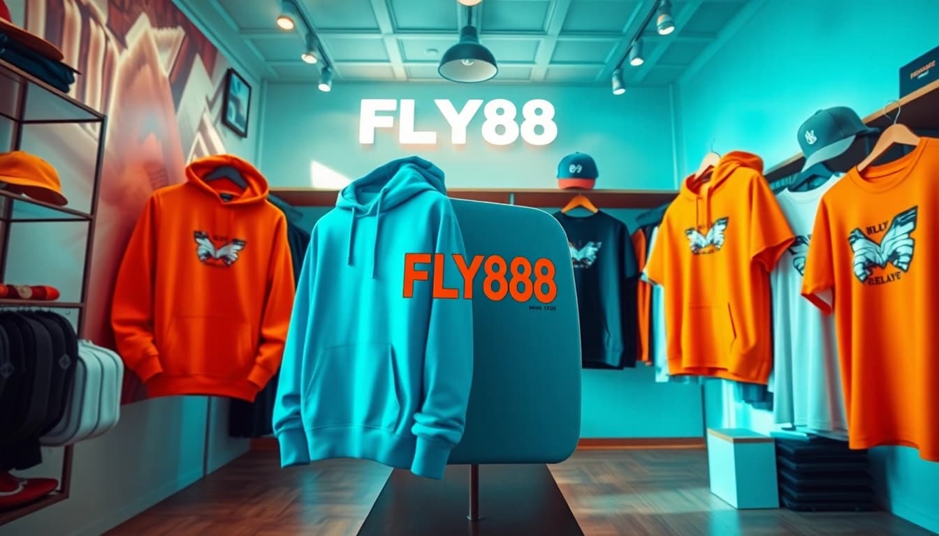 FLY88 aviation-inspired apparel on display in a trendy boutique with bright colors.