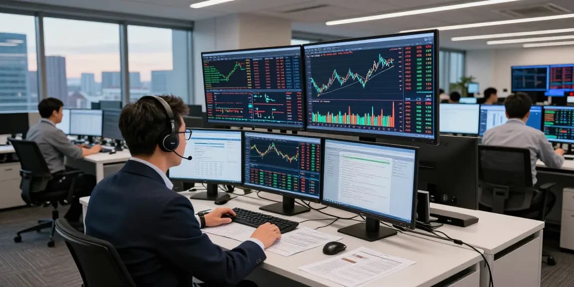 S&P 500 live chart analysis in a bustling trading room, showcasing real-time financial data and trader engagement.