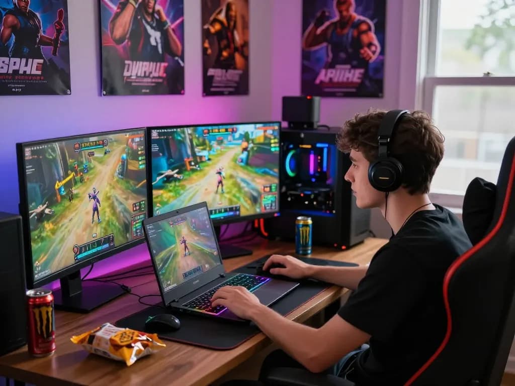 Engaging scene of a gamer immersed in a real porn game, showcasing dynamic gaming setup with vibrant visuals.