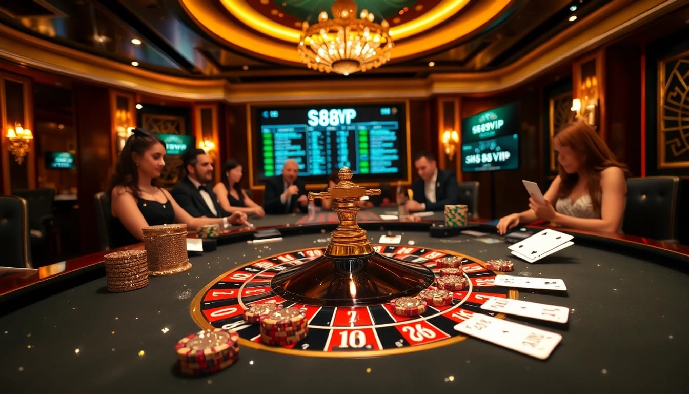 S88VIP gamblers enjoying a thrilling roulette game with sleek technology and luxurious decor.