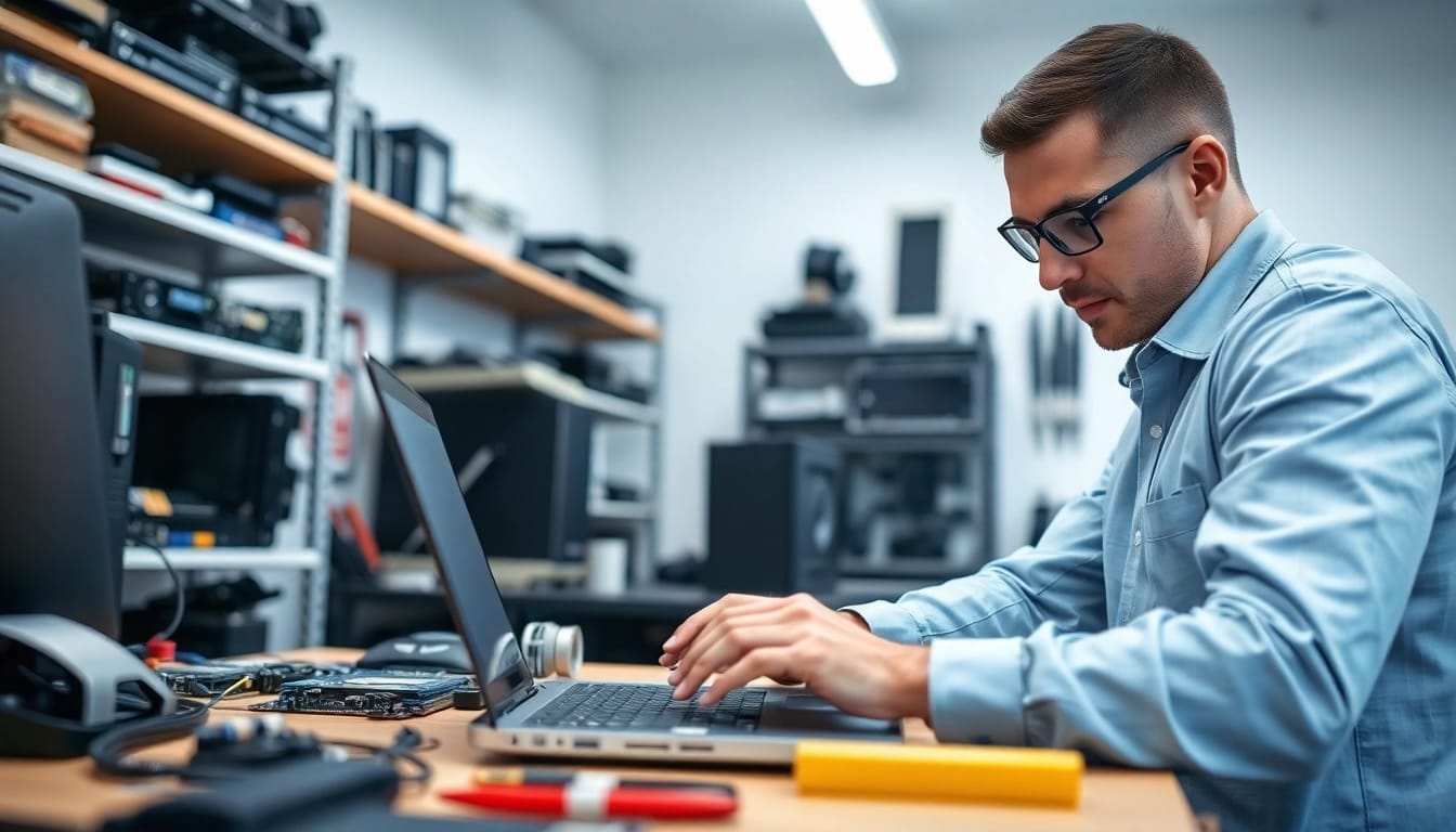 Technician performing computer repair on a laptop in a professional workspace.