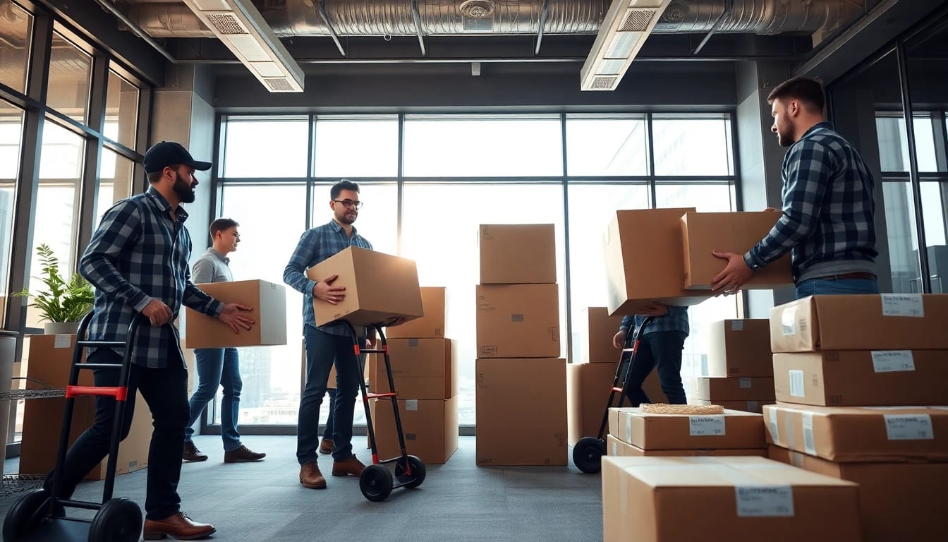 Chicago Movers efficiently packing and moving office items in a bright workspace.