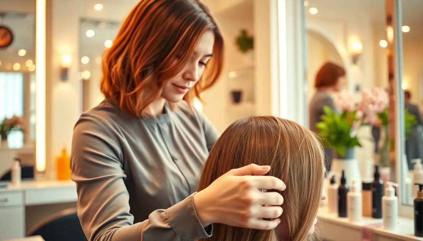 Tunsoare București: Client getting haircut by professional hairstylist in modern salon.