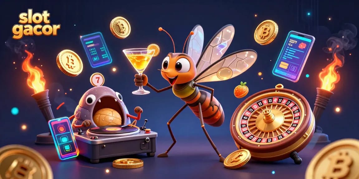 Experience slot gacor excitement in this vibrant casino scene with cartoon mascots and dynamic game symbols.