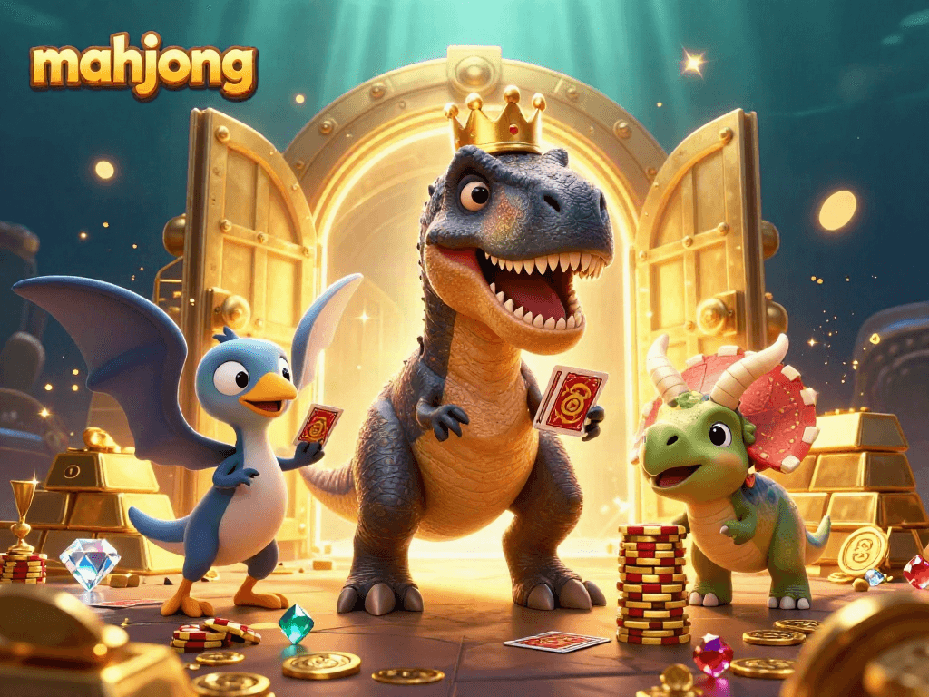 Experience immersive mahjong action with a T-Rex dealing cards and treasure in a dynamic casino setting.