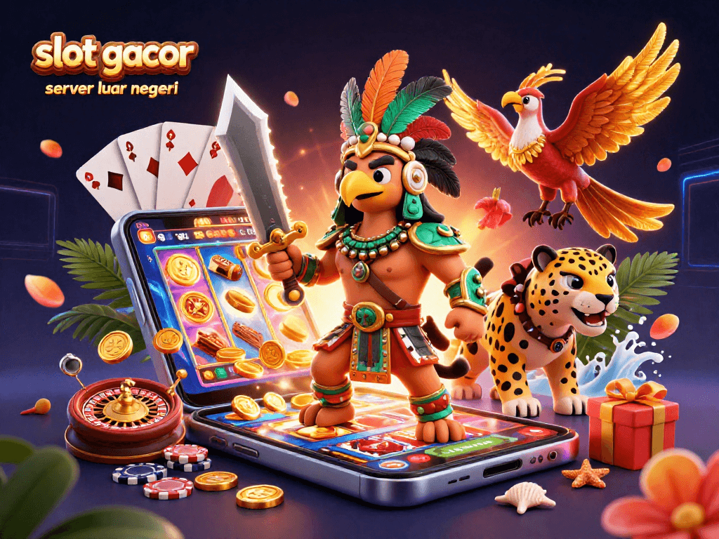 Experience winning at slot gacor server luar negeri with an energetic casino-themed 3D illustration.