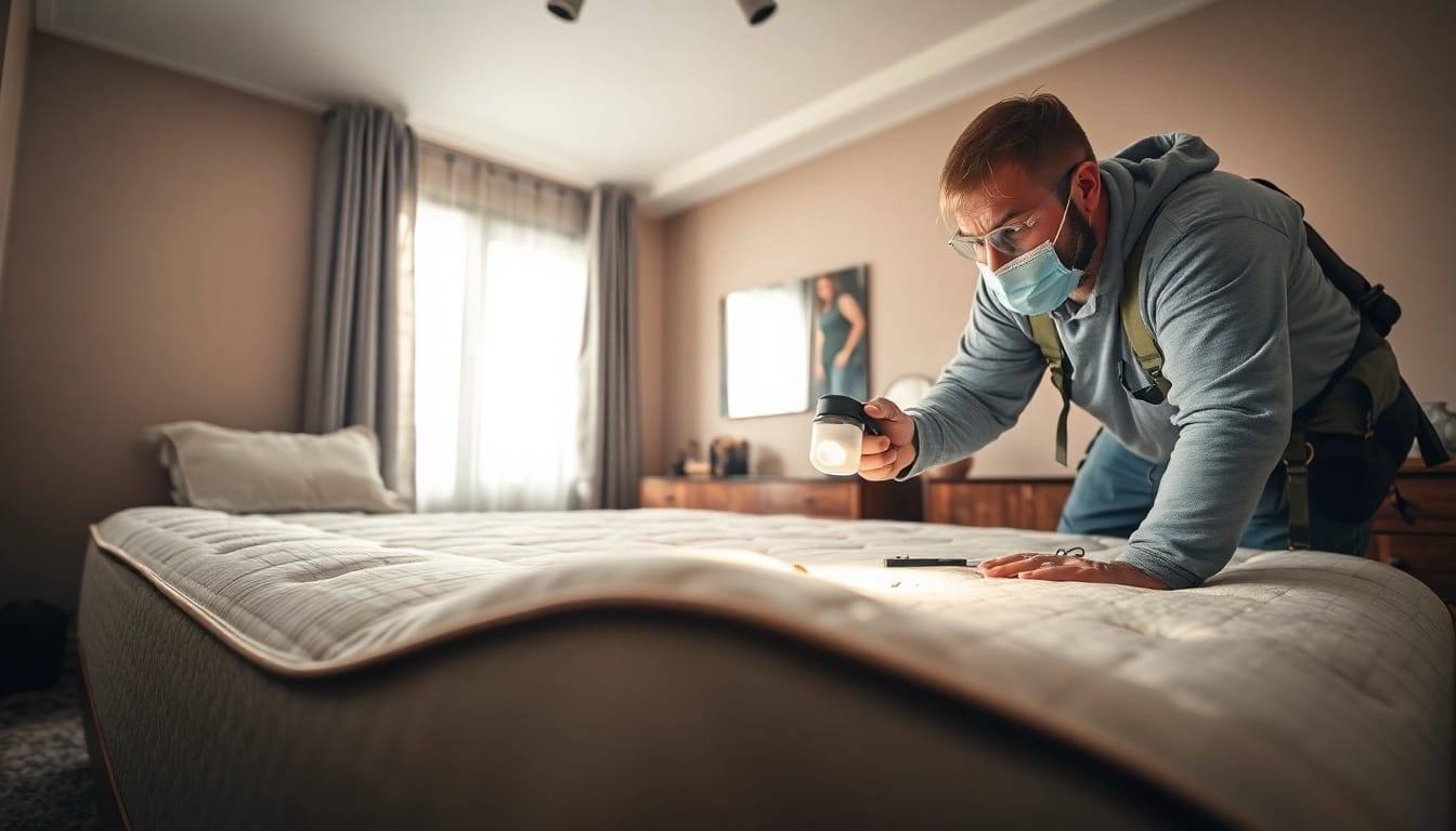 Bed bug exterminator inspecting a mattress for pest control in a bright, clean bedroom setting.