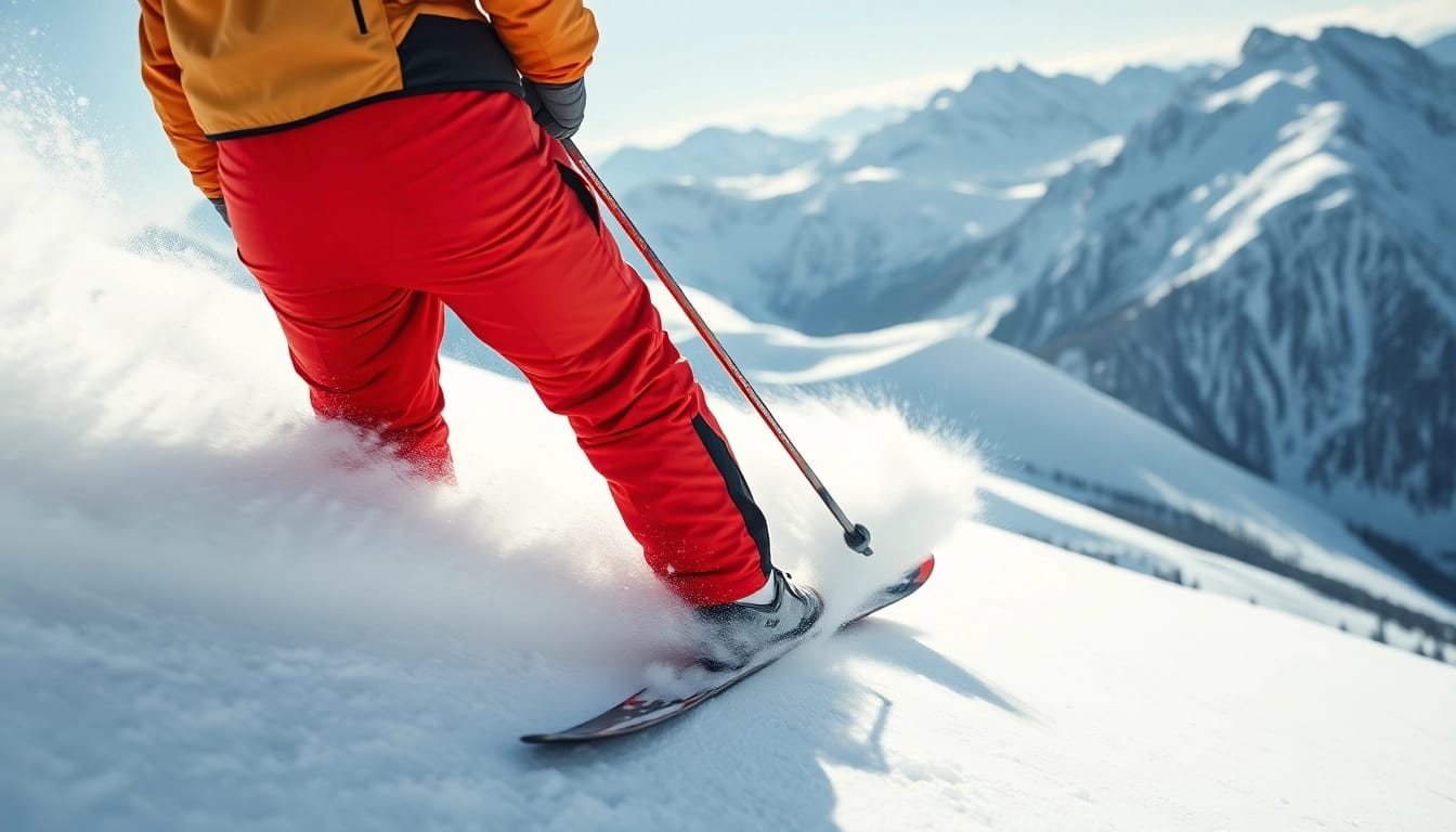 Skier demonstrating agility in gore tex ski pants amidst stunning mountainous terrain.