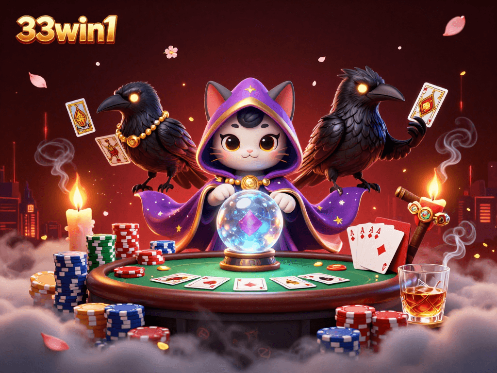 Engage with thrilling 33win1 poker scenes featuring a mystic cat and vibrant cards.